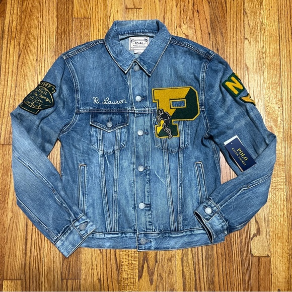 Polo Ralph Lauren Varsity Tigers Football Letterman Patch Denim Jacket Men's Sm - Picture 2 of 13